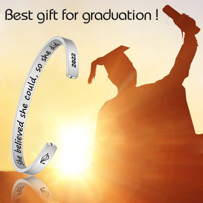 Inspirational Graduation Gifts Cuff Bracelet - Engraved Inspirational Bracelet Cuff with 2022 Graduation Grad Cap She Believed She Could so She Did Bracelet Graduation Friendship Gifts for Her 2022 Apparel & Accessories > Jewelry > Bracelets Turandoss   