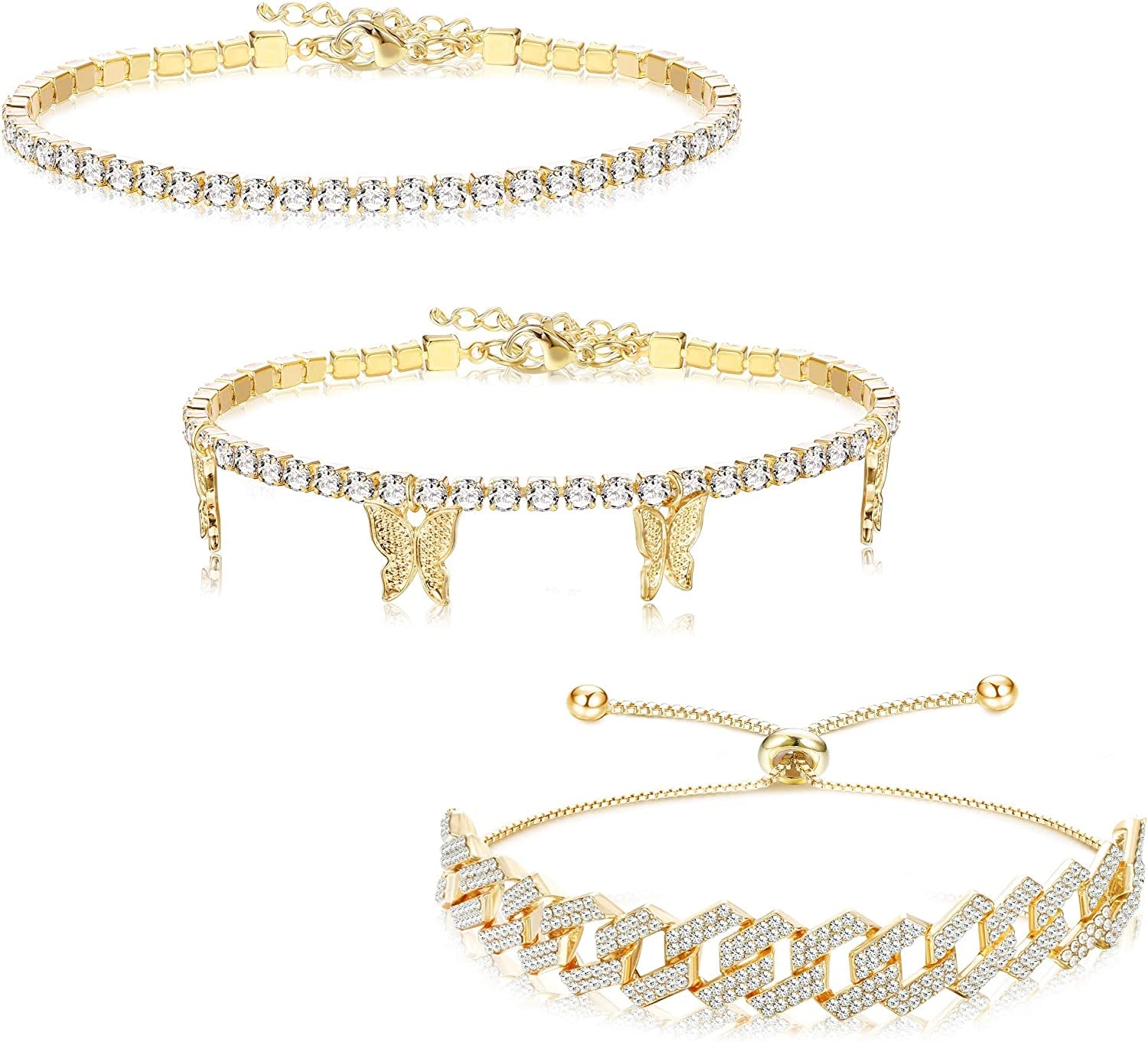 FINREZIO 3PCS Butterfly Anklet Bracelet for Women Summer Beach Cute Foot Jewelry Cuban Link Rhinestone Crystal Tennis Anklets Set Adjustable Apparel & Accessories > Jewelry > Anklets FINREZIO Gold tone  