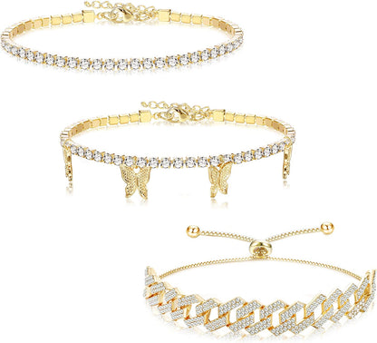 FINREZIO 3PCS Butterfly Anklet Bracelet for Women Summer Beach Cute Foot Jewelry Cuban Link Rhinestone Crystal Tennis Anklets Set Adjustable Apparel & Accessories > Jewelry > Anklets FINREZIO Gold tone  