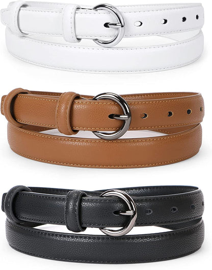 WERFORU 2 Pack Women Leather Belt Waist Skinny Dress Belts Solid Pin Buckle Belt for Jeans Pants Apparel & Accessories > Clothing Accessories > Belts WERFORU L-black+brown+white Fit Size 30"-34" 