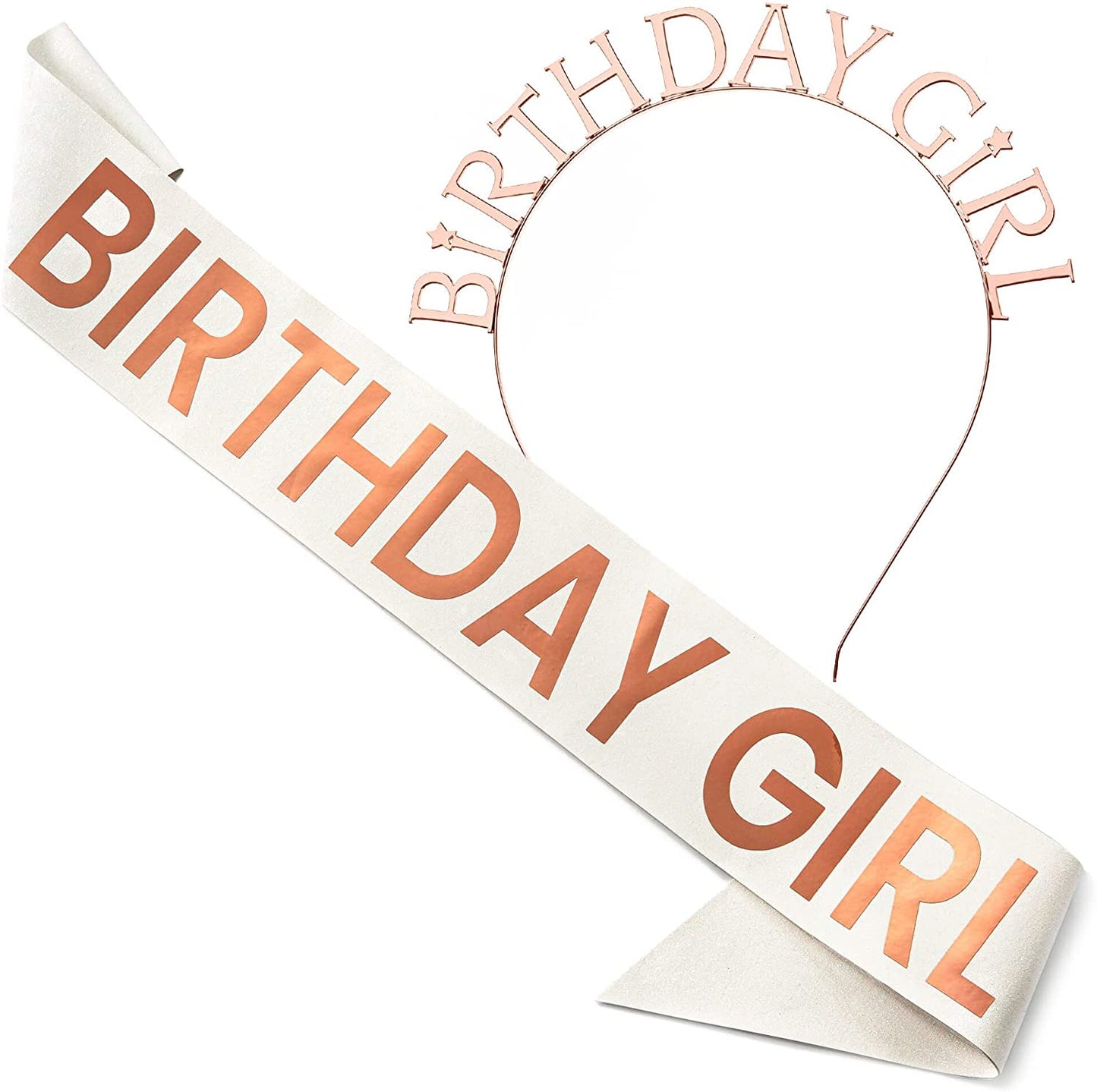 CORRURE 'Birthday Girl' Sash and Headband Tiara - White Glitter with Rose Gold Foil Happy Birthday Sash and Tiara for Women - Party Favors Supplies and Decorations for 18Th 21St 30Th 40Th Bday Party Apparel & Accessories > Clothing Accessories > Sashes Pego Brands General White - Rose Gold  