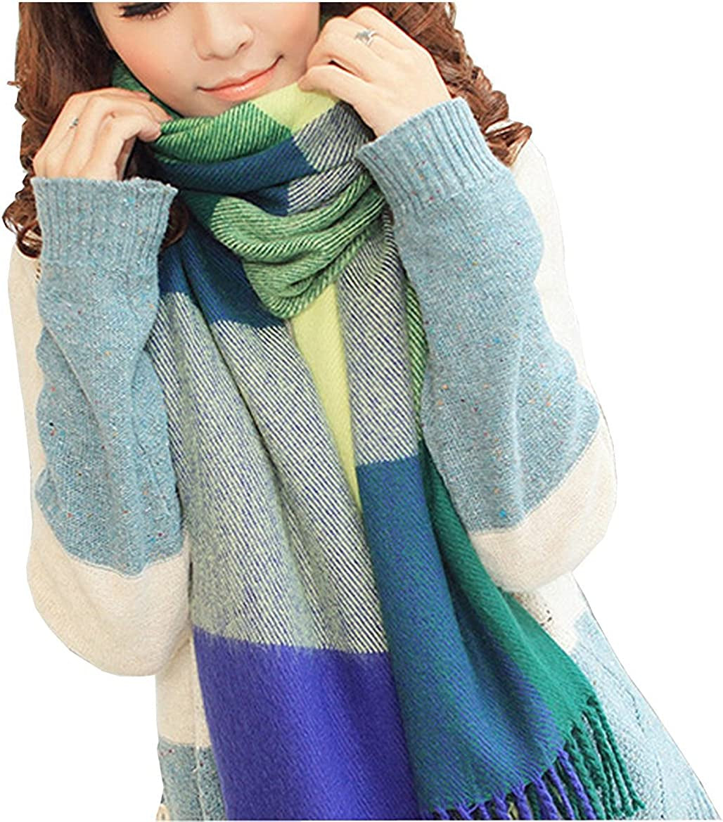 Loritta Womens Scarf Fashion Long Plaid Shawls Wraps Big Grid Winter Warm Lattice Large Scarves Gifts Apparel & Accessories > Clothing Accessories > Scarves & Shawls Loritta D-blue Green Lattice  