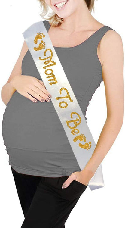Blingbling Mom to Be Sash, White Satin with Gold Gitter Font with Baby Foot, Best Baby Shower Decorations Gifts, Baby Boy or Girl Neutral Apparel & Accessories > Clothing Accessories > Sashes BLINGBLING PARTY SUPPLIES   