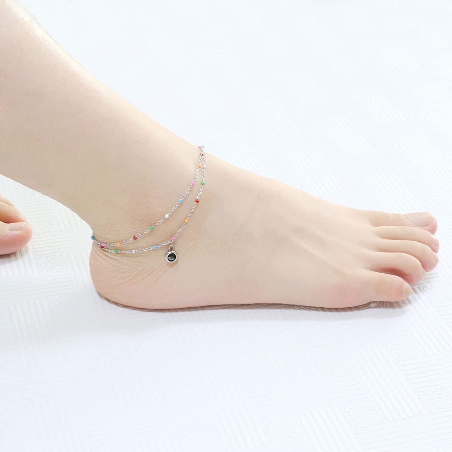 Nobrand Crystal Stainless Steel Anklet Color Beaded Dainty Hanging Bells Cute Charm Adjustable Beach Double Layer Foot Chain for Women Teen Girls, 8.26 Inch+2.36 Inches Apparel & Accessories > Jewelry > Anklets nobrand   