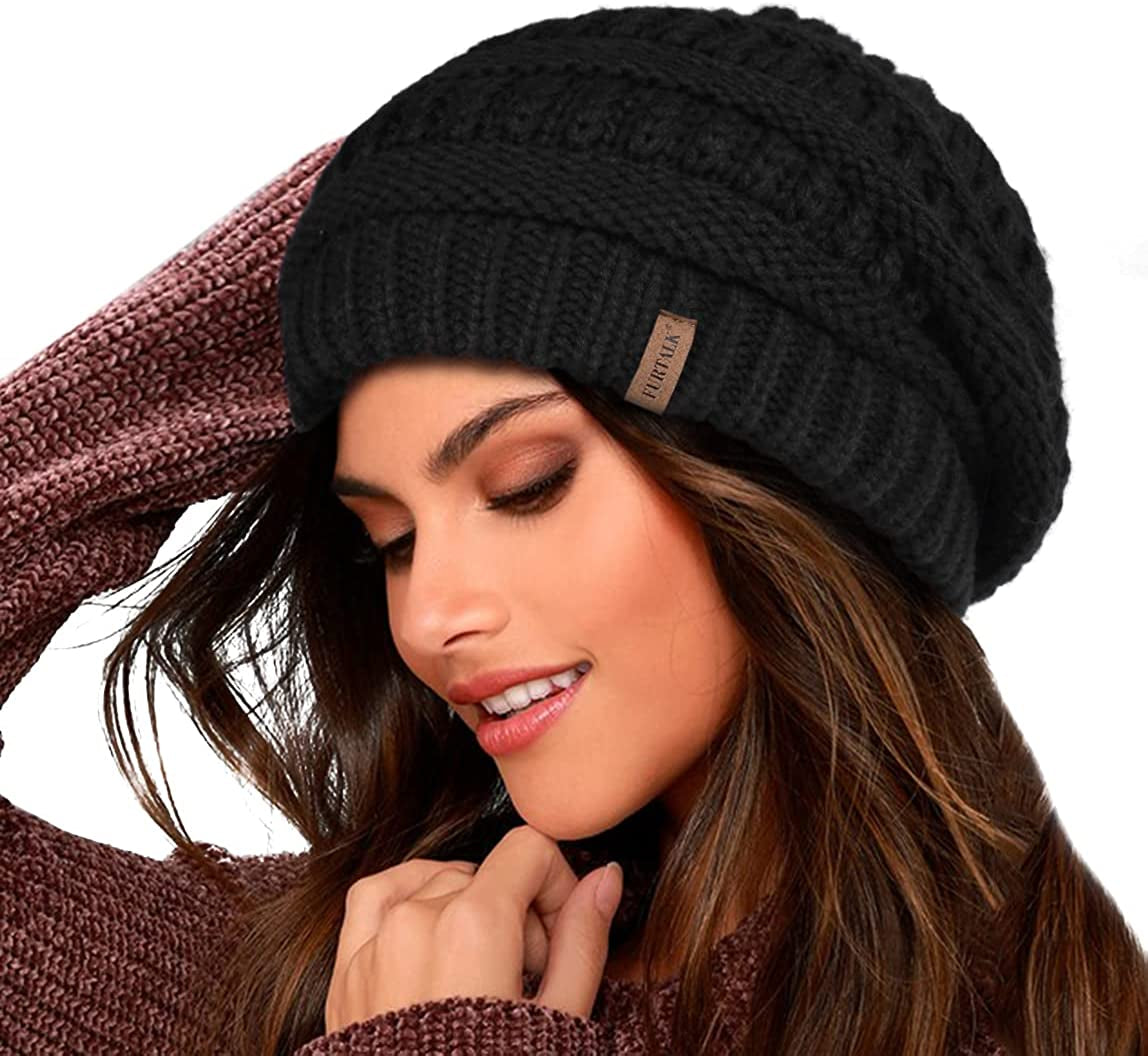 FURTALK Knit Beanie Hats for Women Men Fleece Lined Ski Skull Cap Slouchy Winter Hat Apparel & Accessories > Clothing Accessories > Hats KYLIE MAX Black  