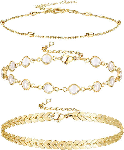 Jstyle 3Pcs Gold Anklet for Women Figaro/Herringbone/Cuban/Paperclip Link Chain Ankle Bracelet Adjustable Beach Foot Jewelry Apparel & Accessories > Jewelry > Anklets Jstyle B  