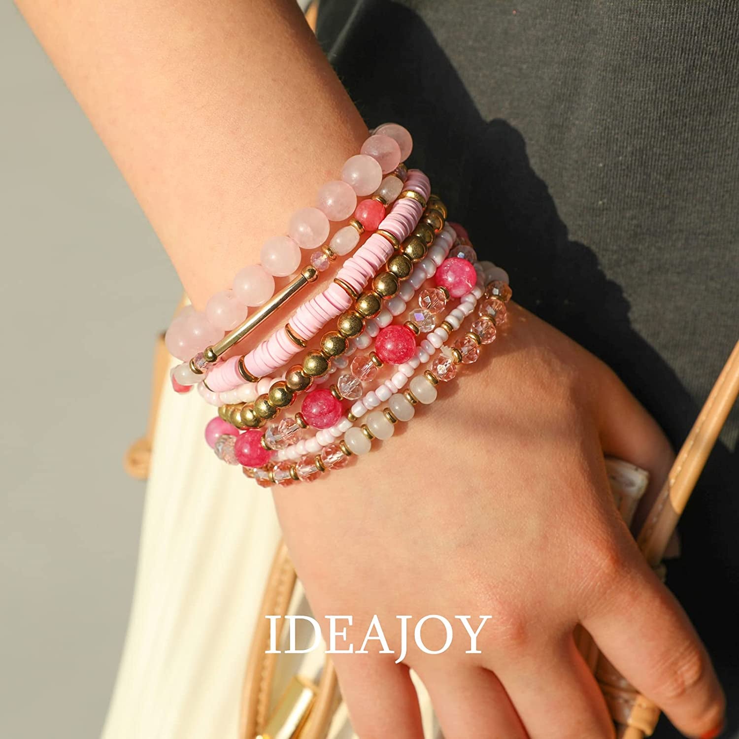 Bohemian Multi-Layer Beaded Stacking Pink Bracelets, 8 Pcs Versatile Strand Stretch Sparkly Crystal Beads Wrap Slip-On Cuff Bangle Set Apparel & Accessories > Jewelry > Bracelets IDEAJOY   