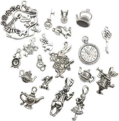 40PCS Alice in Wonderland Fairy Charms Collection-Antique Silver Alice in Wonderland Fairy Tales Tea Party Steampunk Charms Pendant for Victorian Necklace Bracelet Jewelry Making (CFM077) Assorted,Silver