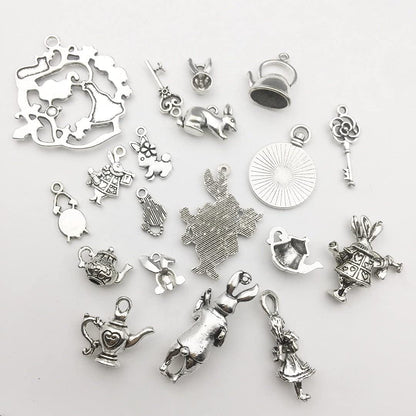 40PCS Alice in Wonderland Fairy Charms Collection-Antique Silver Alice in Wonderland Fairy Tales Tea Party Steampunk Charms Pendant for Victorian Necklace Bracelet Jewelry Making (CFM077) Assorted,Silver