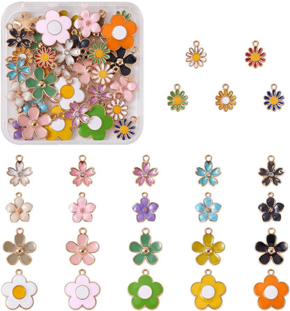 40Pcs Food Theme Enamel Pendant 20 Styles Light Gold Plated Donut Lollipop Ice Cream Cup Cake Bubble Tea Milk Dangle Charm for Earring Bracelet Necklace Jewelry Making Mixed Colors, Flower