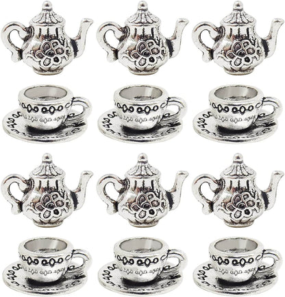 40PCS Metal Teapot Tea Cup Charms Pendant Antique Silver Plated Coffee Mug Jewelry Findings for DIY Necklace Earring Bracelet Keychain Craft Making silver