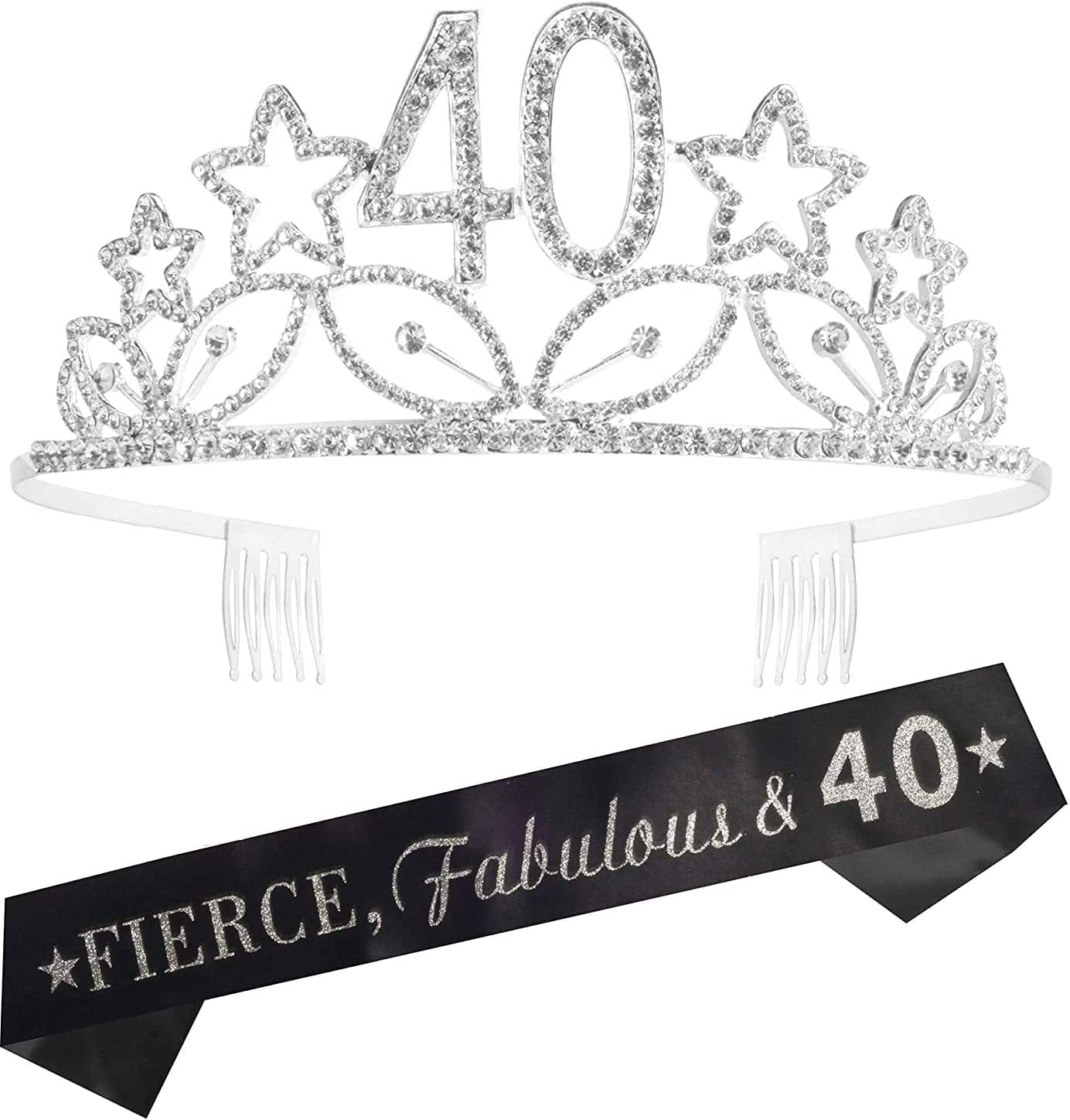 40Th Birthday Sash and Tiara for Women - Fabulous Glitter Sash + Stars Rhinestone Silver Premium Metal Tiara for Her, 40Th Birthday Gifts for 40 Party Apparel & Accessories > Clothing Accessories > Sashes MEANT2TOBE Silver  