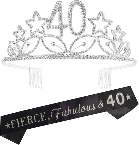 40Th Birthday Sash and Tiara for Women - Fabulous Glitter Sash + Stars Rhinestone Silver Premium Metal Tiara for Her, 40Th Birthday Gifts for 40 Party Apparel & Accessories > Clothing Accessories > Sashes MEANT2TOBE Silver  