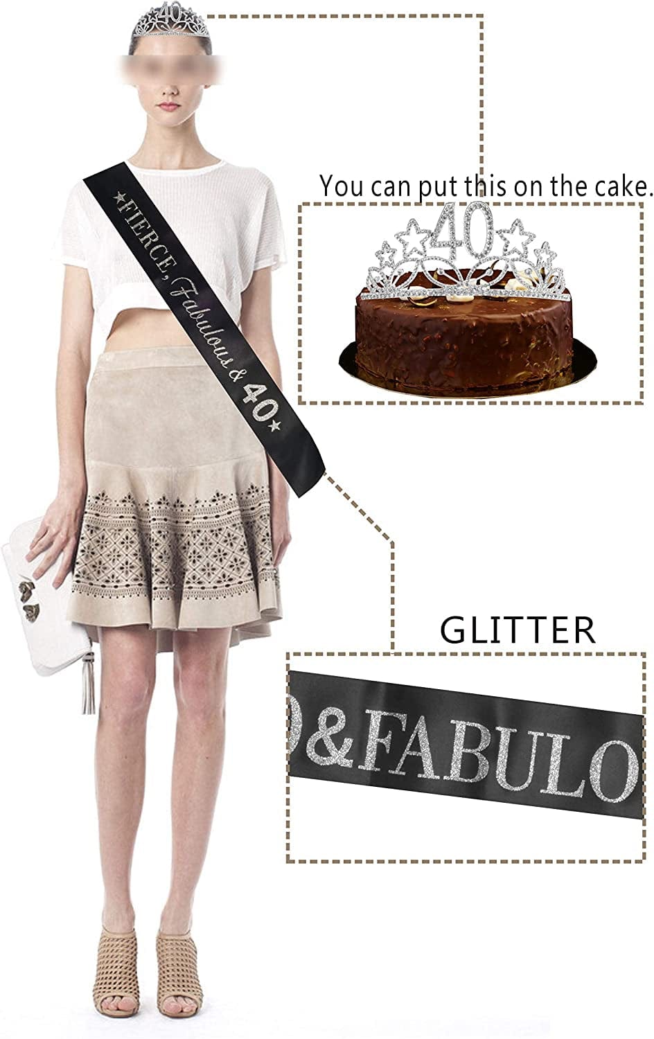 40Th Birthday Sash and Tiara for Women - Fabulous Glitter Sash + Stars Rhinestone Silver Premium Metal Tiara for Her, 40Th Birthday Gifts for 40 Party Apparel & Accessories > Clothing Accessories > Sashes MEANT2TOBE   