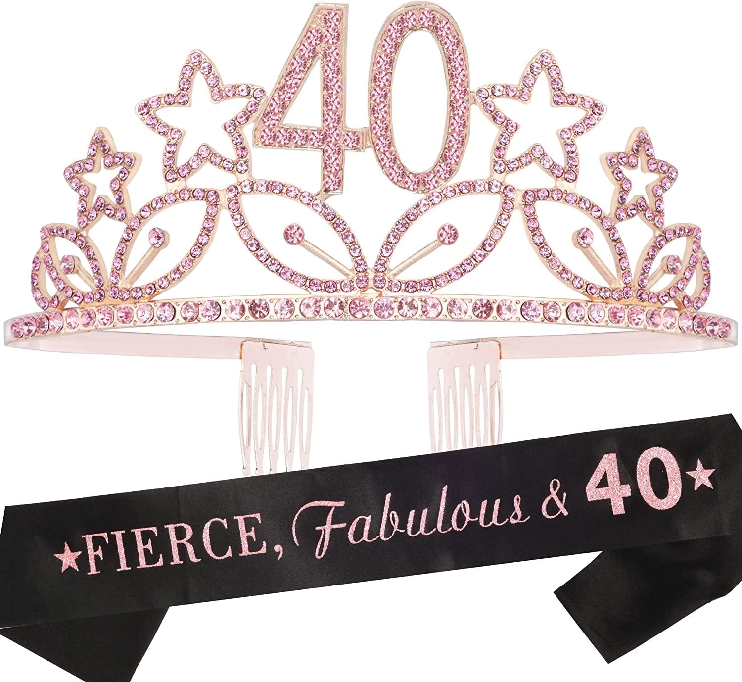 40Th Birthday Sash and Tiara for Women - Fabulous Glitter Sash + Stars Rhinestone Silver Premium Metal Tiara for Her, 40Th Birthday Gifts for 40 Party Apparel & Accessories > Clothing Accessories > Sashes MEANT2TOBE Pink  