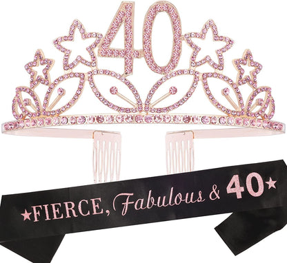 40Th Birthday Sash and Tiara for Women - Fabulous Glitter Sash + Stars Rhinestone Silver Premium Metal Tiara for Her, 40Th Birthday Gifts for 40 Party Apparel & Accessories > Clothing Accessories > Sashes MEANT2TOBE Pink  