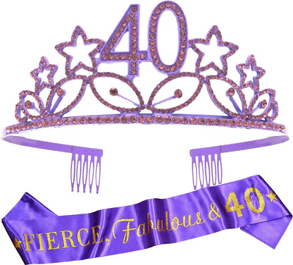 40Th Birthday Sash and Tiara for Women - Fabulous Glitter Sash + Stars Rhinestone Silver Premium Metal Tiara for Her, 40Th Birthday Gifts for 40 Party Apparel & Accessories > Clothing Accessories > Sashes MEANT2TOBE Purple  