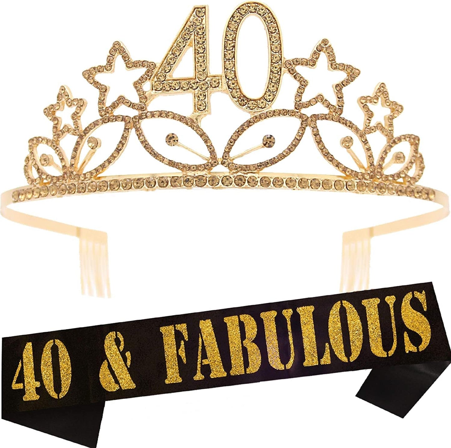 40Th Birthday Sash and Tiara for Women - Fabulous Glitter Sash + Stars Rhinestone Silver Premium Metal Tiara for Her, 40Th Birthday Gifts for 40 Party Apparel & Accessories > Clothing Accessories > Sashes MEANT2TOBE Gold  
