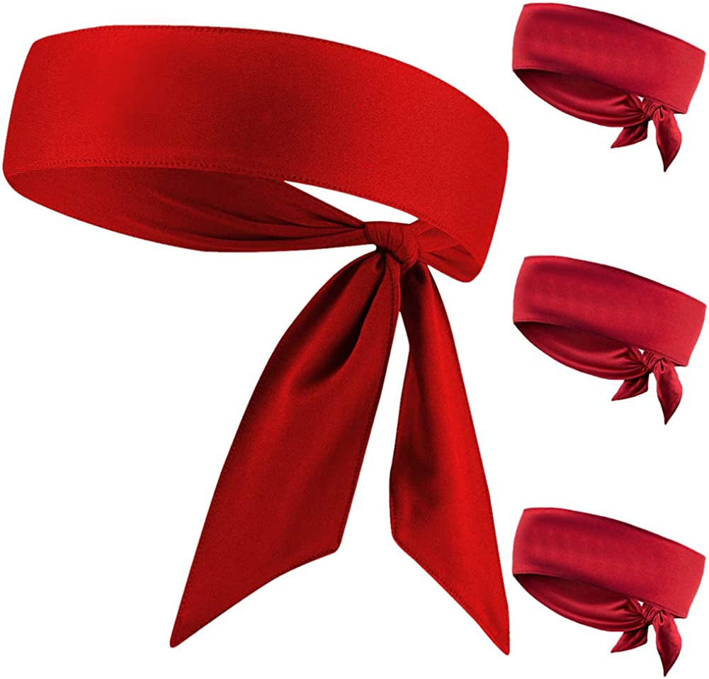 Sweat Wicking Head Tie, Tie Back Headband, Tie up Hair Band for Men Women Kids Girls Boys, Athletic Ninja Sweatband Head Wraps, Pirates Bandana Headwrap for Tennis, Workout Apparel & Accessories > Clothing Accessories > Bandanas & Headties JHYWELL Red 4 Pack  