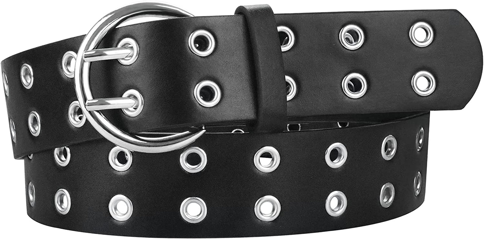Grommet Leather Belts for Women, Black Belt Women Men with Double Studded Holes Apparel & Accessories > Clothing Accessories > Belts macoking Black 3-double Holes/Round Buckle Fit for waist up to 41" 