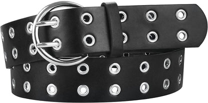 Grommet Leather Belts for Women, Black Belt Women Men with Double Studded Holes Apparel & Accessories > Clothing Accessories > Belts macoking Black 3-double Holes/Round Buckle Fit for waist up to 41" 