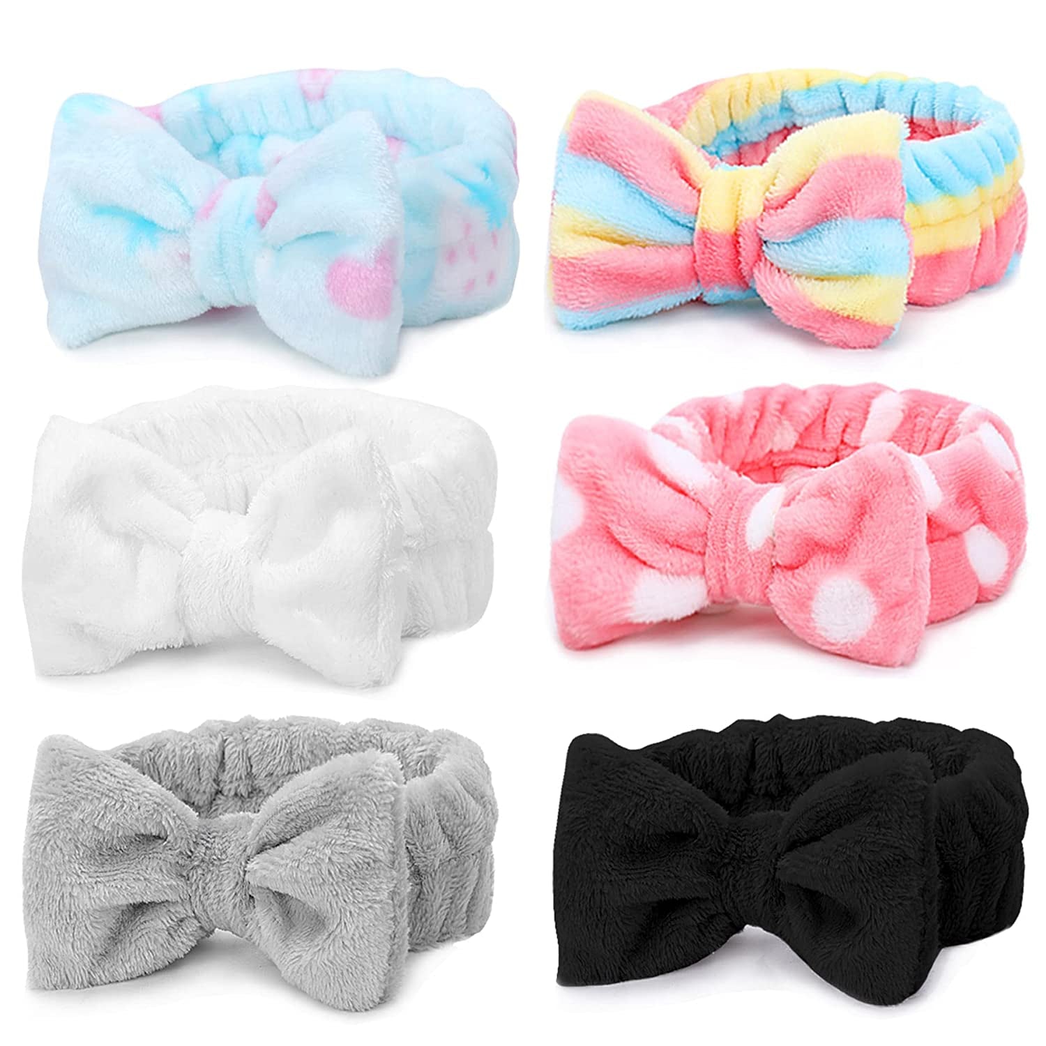 Spa Headband – 6 Pack Bow Hair Band Women Facial Makeup Head Band Soft Coral Fleece Head Wraps for Shower Washing Face Apparel & Accessories > Clothing Accessories > Bandanas & Headties LADES Multi-colored E  
