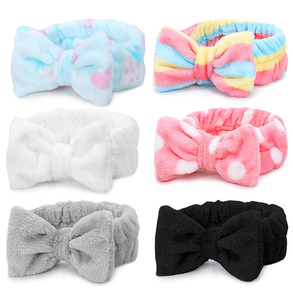 Spa Headband – 6 Pack Bow Hair Band Women Facial Makeup Head Band Soft Coral Fleece Head Wraps for Shower Washing Face Apparel & Accessories > Clothing Accessories > Bandanas & Headties LADES Multi-colored E  
