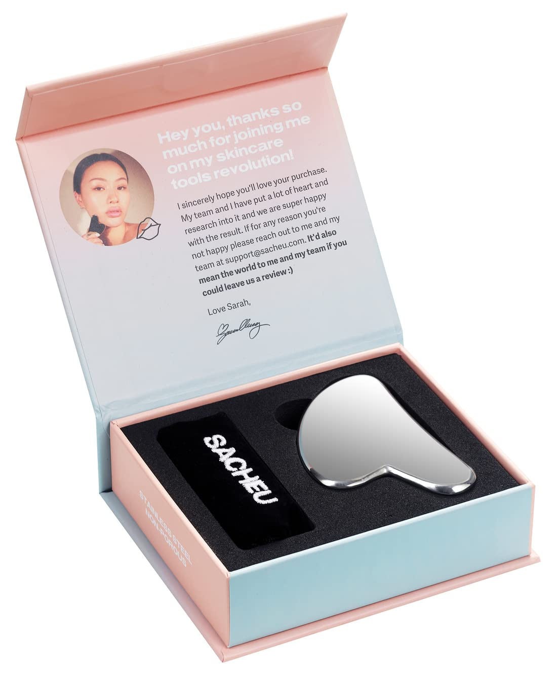 SACHEU Stainless Steel Gua Sha Facial Massage Tool to Reduce Puffiness, Lymphatic Drainage, Facial Tension, Helps Tighten, Firm and Lift Skin, Cooling Durable Skin Care Face Massager with Travel Pouch Health & Beauty > Personal Care > Cosmetics > Cosmetic Tools > Skin Care Tools Sacheu   