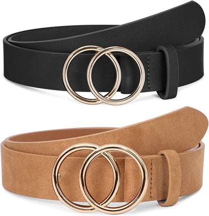 Women Leather Belt Fashion Double O-Ring Soft Faux Leather Waist Belts for Jeans Dress Apparel & Accessories > Clothing Accessories > Belts SUOSDEY M-black+khaki S: 22''-26'' Waist Size 