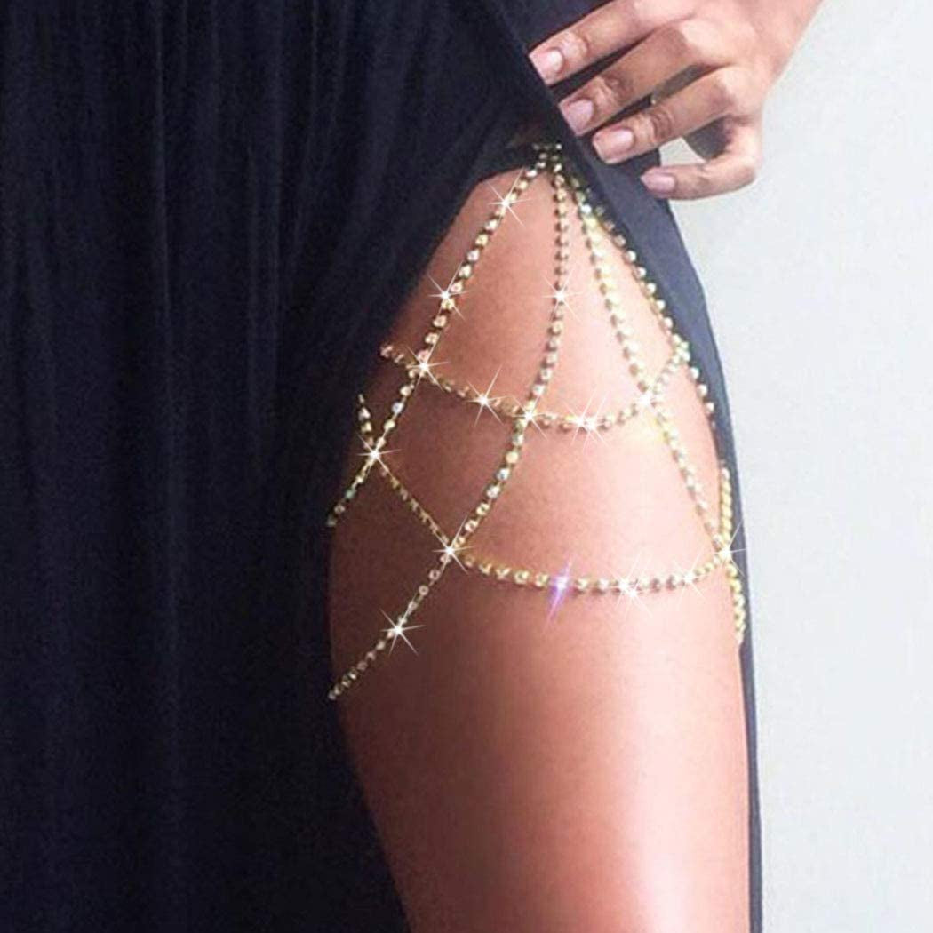 Reetan Boho Crystal Leg Chains Rhinestone Body Chain Rave Party Thigh Chain Body Jewelry Accessories for Women and Girls Apparel & Accessories > Jewelry > Body Jewelry REETAN Style B-Gold  