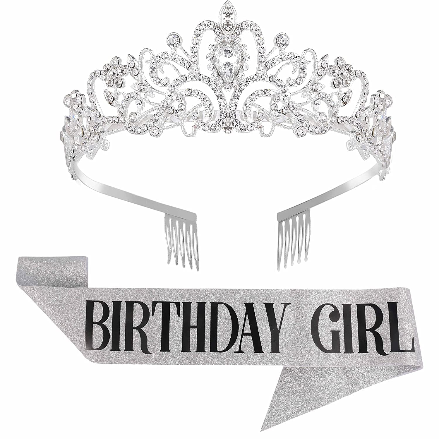 Birthday Girl Sash and Tiara for Women - LETSCARE Birthday Sash & Rhinestone Crown with Comb, Gift Kit for Birthday Decorations & Party Favors(Sliver) Apparel & Accessories > Clothing Accessories > Sashes LetsCare 01sliver  
