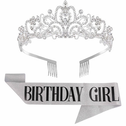 Birthday Girl Sash and Tiara for Women - LETSCARE Birthday Sash & Rhinestone Crown with Comb, Gift Kit for Birthday Decorations & Party Favors(Sliver) Apparel & Accessories > Clothing Accessories > Sashes LetsCare 01sliver  