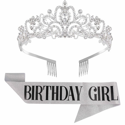 Birthday Girl Sash and Tiara for Women - LETSCARE Birthday Sash & Rhinestone Crown with Comb, Gift Kit for Birthday Decorations & Party Favors(Sliver) Apparel & Accessories > Clothing Accessories > Sashes LetsCare 01sliver  