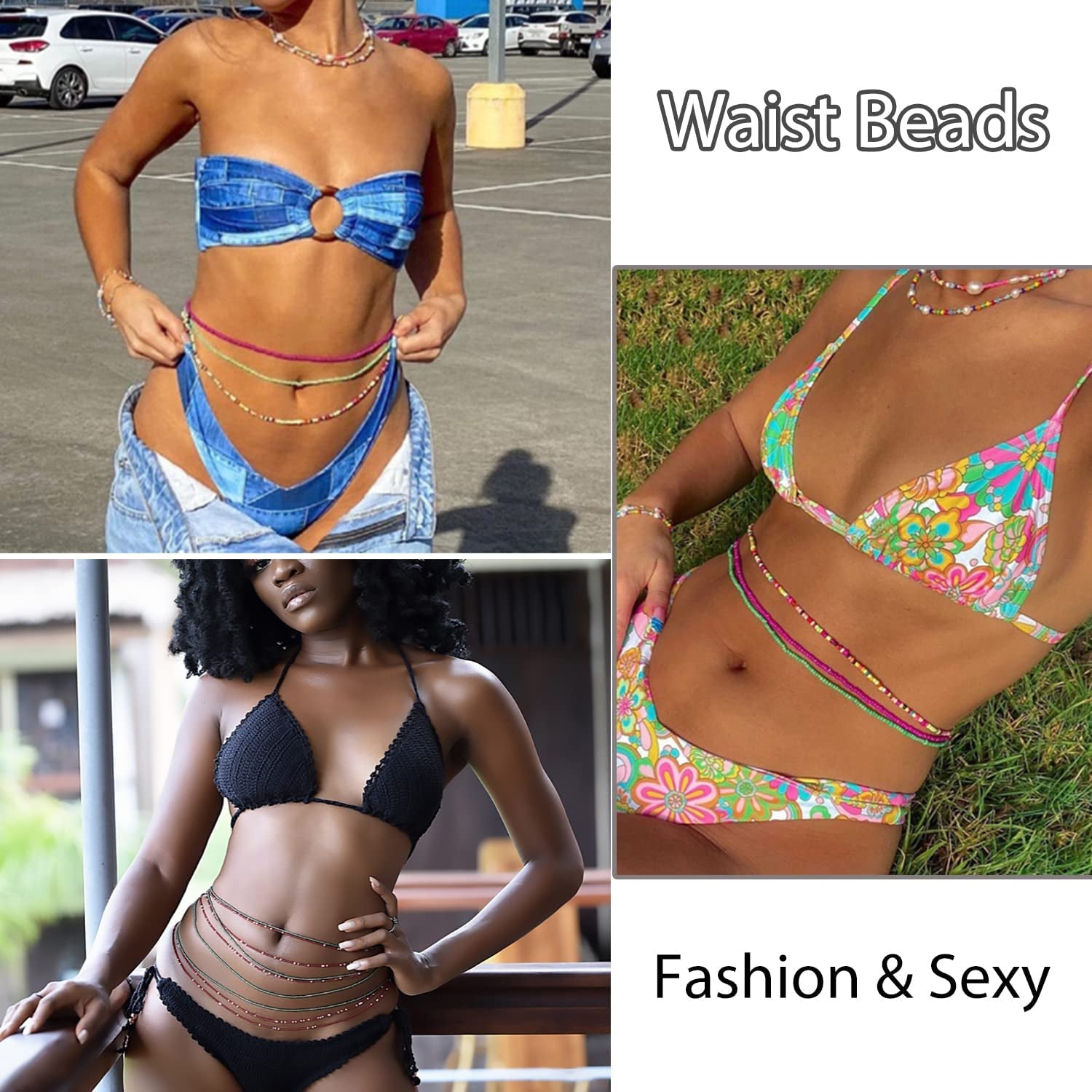 TOBENY 31.5 Inch Elastic Waist Beads for Women 32PCS Colorful Summer Layered Beaded Waist Belly Beads Bikini Jewelry African Waist Beads Body Chain Sets Apparel & Accessories > Jewelry > Body Jewelry TOBENY   