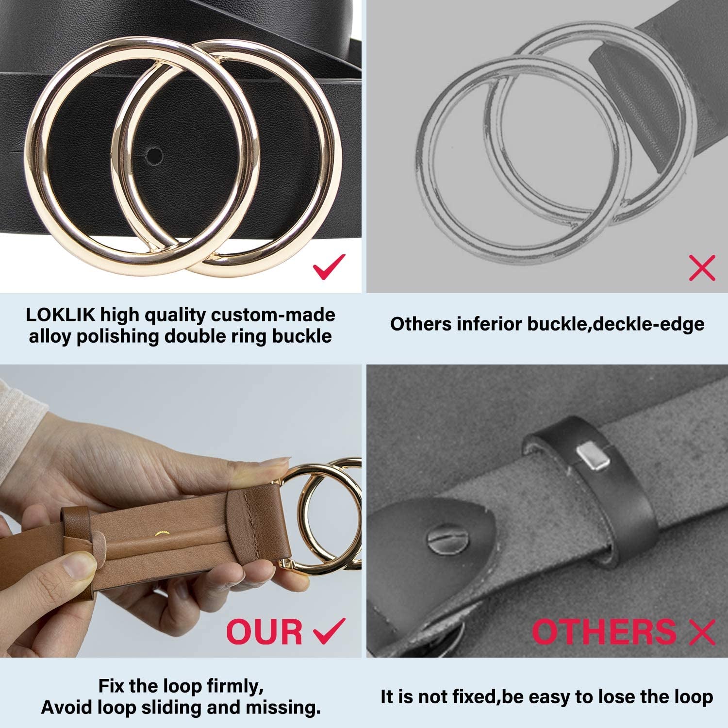 Women Leather Belt for Jeans Dress Waist Belts with Double Ring Buckle by LOKLIK Apparel & Accessories > Clothing Accessories > Belts LOKLIK   