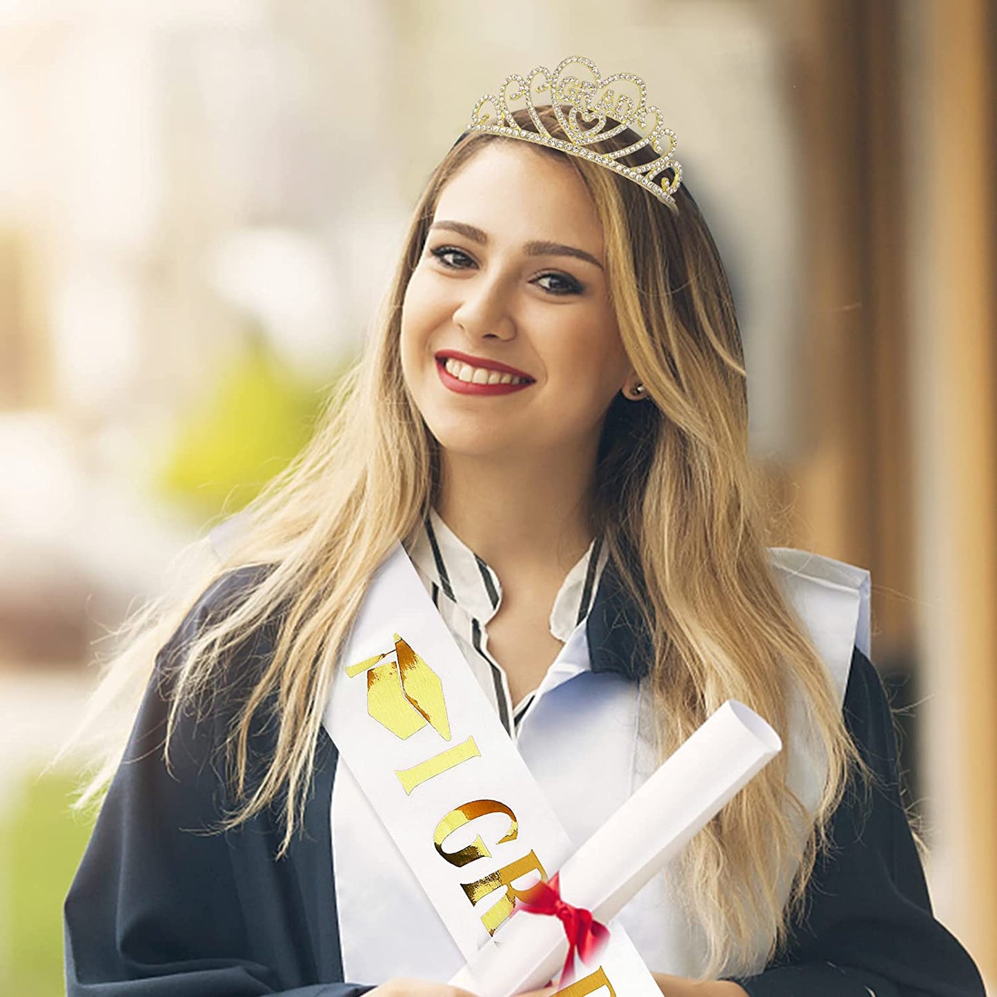 CAVETEE Gold Graduate Crown and Sash Congratulations Graduate 2022 Grad Party Decorations 2022 Graduate Crowns for Women Grad Tiara and I Graduated Sash for Women Grad Cap Decorations Grad Cap Topper Apparel & Accessories > Clothing Accessories > Sashes CAVETEE   