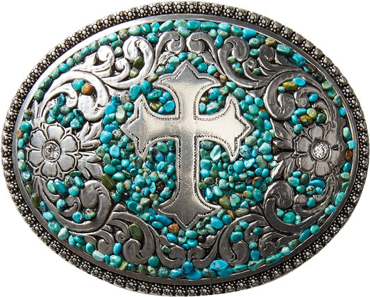 Nocona Belt Co. Womens 37914 Lds Slvr Buckle W/Crss Turq Chips Turquoise Apparel & Accessories > Clothing Accessories > Belt Buckles NOCONA BELT COMPANY   