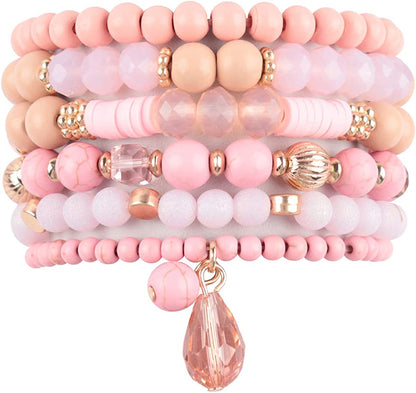 Bohemian Mix Bead Multi Layer Versatile Statement Bracelets - Stackable Beaded Strand Stretch Bangles Sparkly Crystal, Tassel Charm Apparel & Accessories > Jewelry > Bracelets RIAH FASHION Mix Bead Wood Charm Stretch Bracelet Set - Pink  