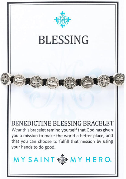 My Saint My Hero Benedictine Blessing Bracelet, Handwoven - Black Cording/Silver Medals with Silver "Blessed" Tag Apparel & Accessories > Jewelry > Bracelets My Saint My Hero   