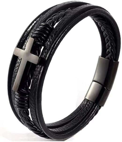 Stainless Steel Braided Leather Bracelet for Men Cuff Bangle Cross Magnetic Clasp 8.26 Inches Apparel & Accessories > Jewelry > Bracelets Generic Black-9.06 inches  