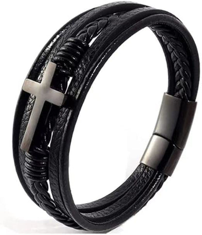 Stainless Steel Braided Leather Bracelet for Men Cuff Bangle Cross Magnetic Clasp 8.26 Inches Apparel & Accessories > Jewelry > Bracelets Generic Black-9.06 inches  