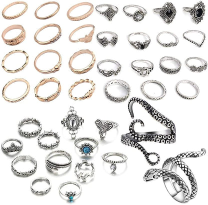 41Pc Fashion Boho Knuckle Rings Set for Women Girls Men, Vintage Retro Crystal Bohemian Midi Rings, Joint Nail Band Cuff Toe Statement Finger Rings, Snake Octopus Elephant Feather (41 Pcs a Set)