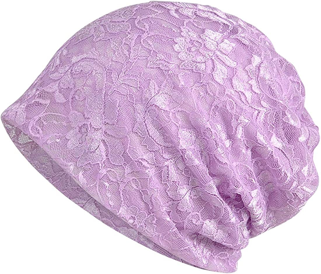 Ebossy Women'S Elegant Floral Lace Slouchy Beanie Summer Hat Headwear Circle Loop Scarf Apparel & Accessories > Clothing Accessories > Headwear ebossy Lilac  