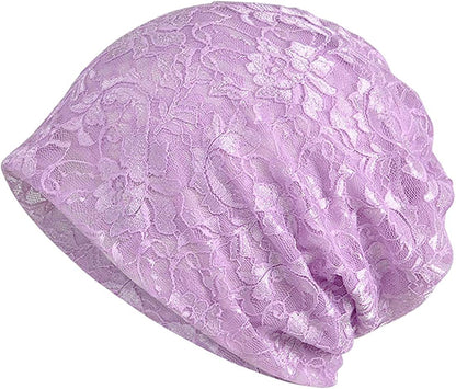 Ebossy Women'S Elegant Floral Lace Slouchy Beanie Summer Hat Headwear Circle Loop Scarf Apparel & Accessories > Clothing Accessories > Headwear ebossy Lilac  