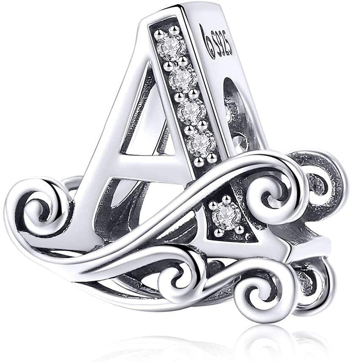 Solid 925 Sterling Silver with Cubic Stones, Complete A~Z Gift Options Alphabet Charm Letter Beads Fit Pandora European Bracelets Apparel & Accessories > Jewelry > Bracelets ABAOLALA ALPHABET A  