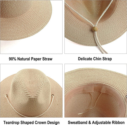 Koreshion Women Straw Panama Hat Summer Wide Brim Fedora Cap Beach Sun Hats UPF50+ Apparel & Accessories > Clothing Accessories > Hats Koreshion   