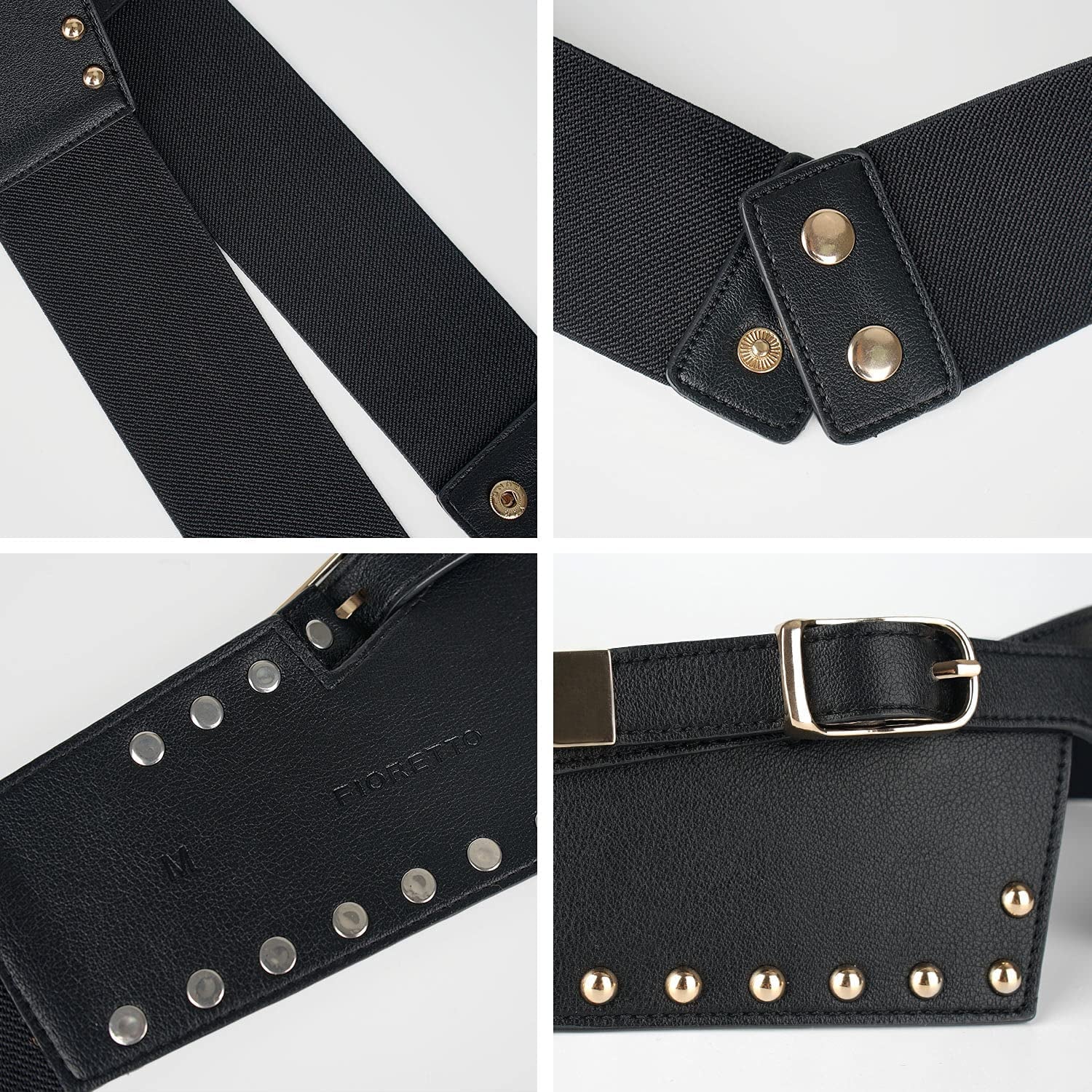 FIORETTO Womens Dress Belt Wide Black Fashion Studded Belts S Size Fit Waist Girth from 25" to 29" Apparel & Accessories > Clothing Accessories > Belts FIORETTO   