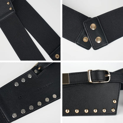 FIORETTO Womens Dress Belt Wide Black Fashion Studded Belts S Size Fit Waist Girth from 25" to 29" Apparel & Accessories > Clothing Accessories > Belts FIORETTO   