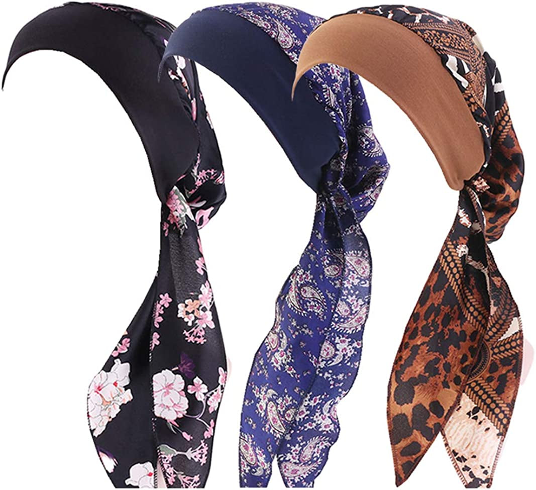 CCCHO Women Vintage Silky Turbans Bonnet Elastic Wide Band Multifunction Printing Hat Chemo Hair Loss Cap Apparel & Accessories > Clothing Accessories > Headwear CCCHO A2-black Flower+navy+coffee  