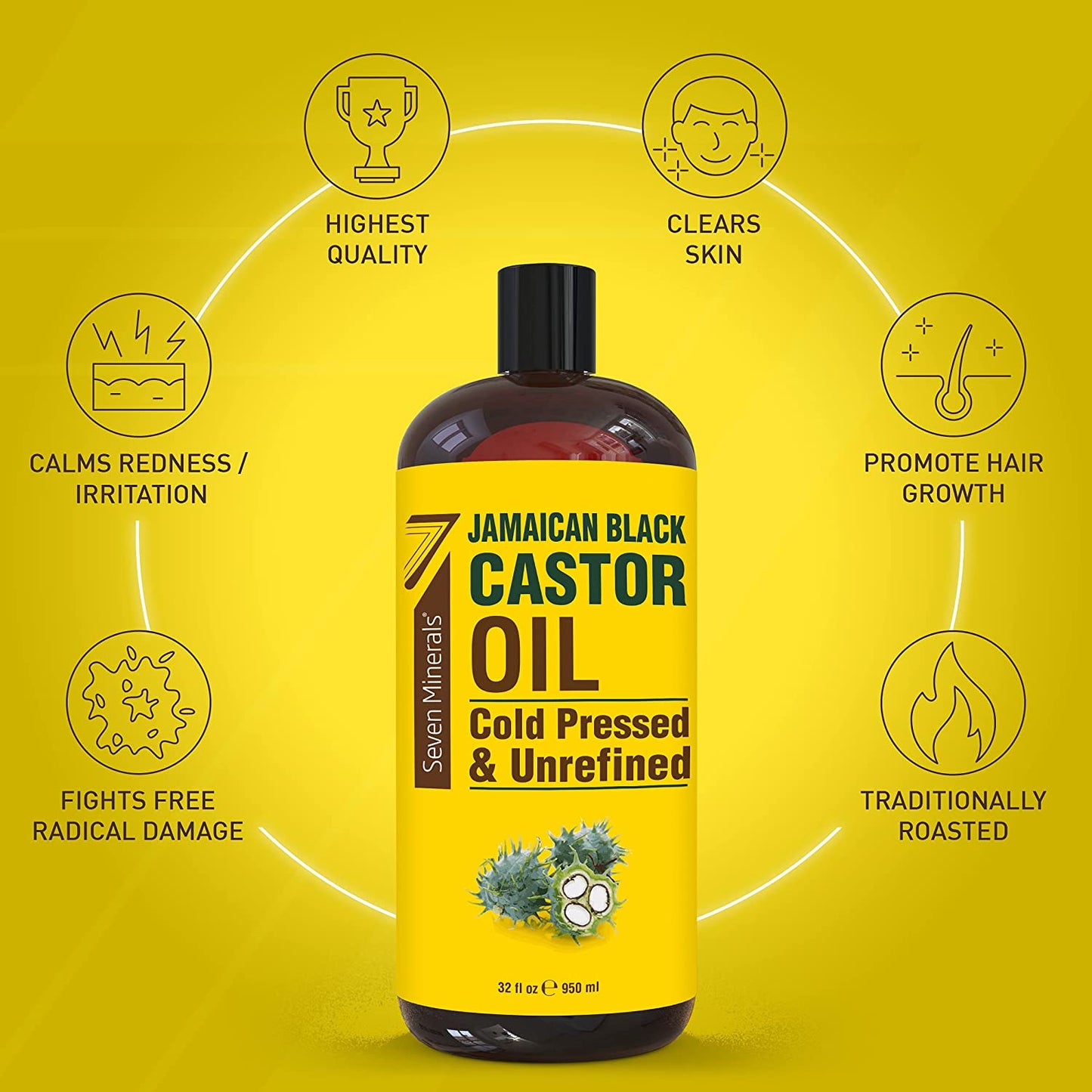 Pure Jamaican Black Castor Oil - Big 32 Fl Oz Bottle - Unrefined & Hexane Free - 100% Pure Jamaican Black Castor Oil for Hair Growth, Thicker Eyelashes & Eyebrows, Dry Skin, Healing, Hair Care Health & Beauty > Personal Care > Hair Care Seven Minerals   